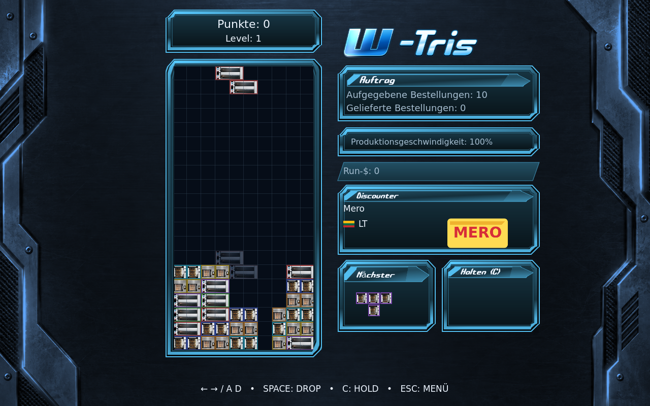 W-Tris: Spielfeld mit Produktionsblöcken, Aufträgen, nächstem Stein und Hold im Arcade-Blue-Theme.