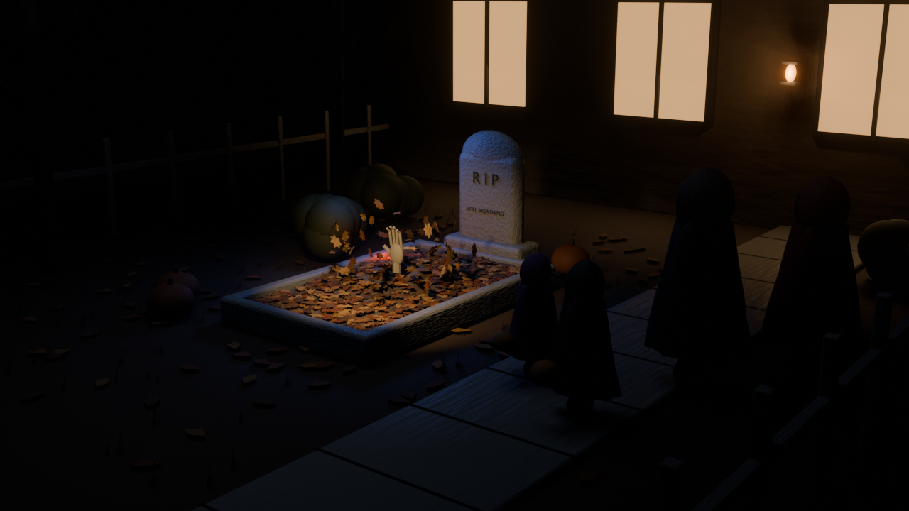 Blender-Konzept eines interaktiven Halloween-Grabs im Vorgarten; noch kein fertiger Aufbau.